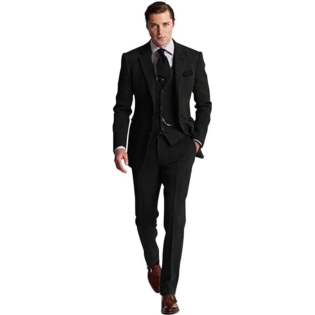 Retro 3 Piece Brown Grey Tweed Herringbone Mens Suits Slim Fit Groom Tuxedos Prom Blazer Custom Jacket