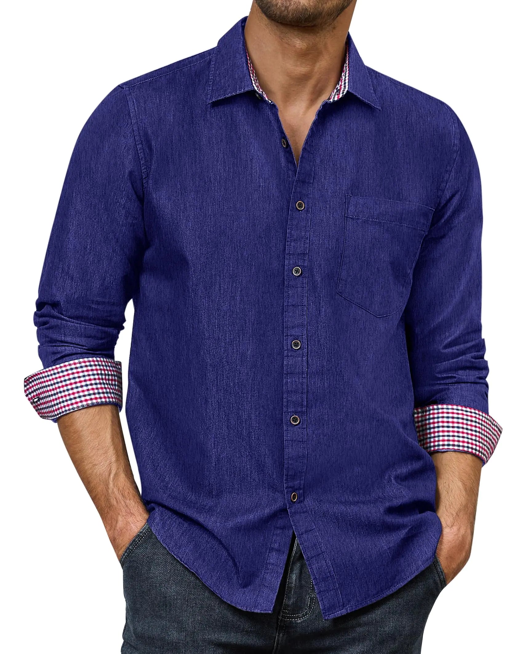 Alimens & Gentle Mens Denim Shirts Casual Button Down Shirts Long Sleeve Western Shirts Work Shirts Dress Shirts for Men Navy Blue