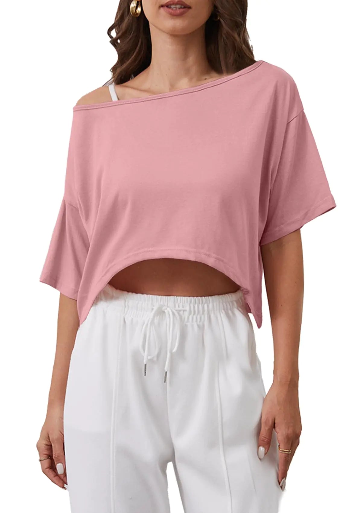JEIBKOUY Off The Shoulder Tops for Women Oversized Short Sleeve Boat Neck Casual Loose Summer Tshirts Pink