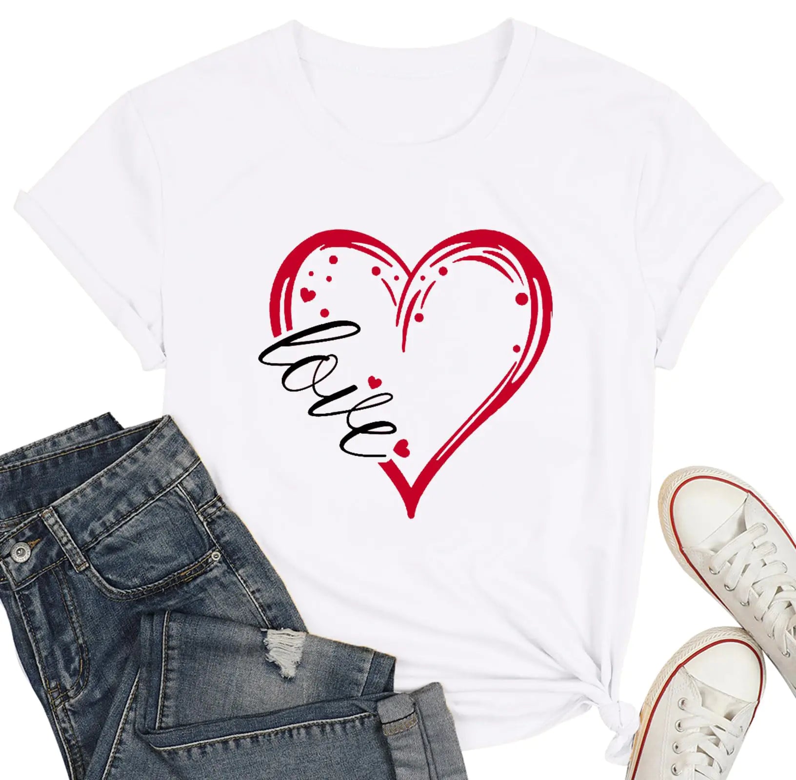 WEITUN Womens Valentines Day Shirts Cute Love Heart Tshirts Funny Teen Girls Valentines Short Sleeve White