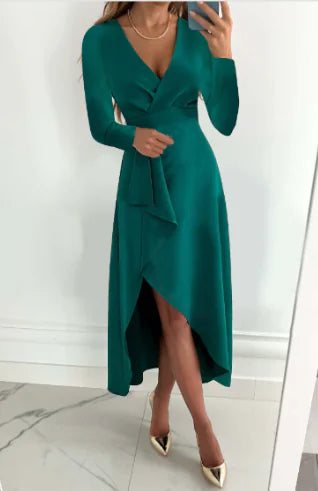 Elegant V-Neck Chiffon Dress with Tie Waist