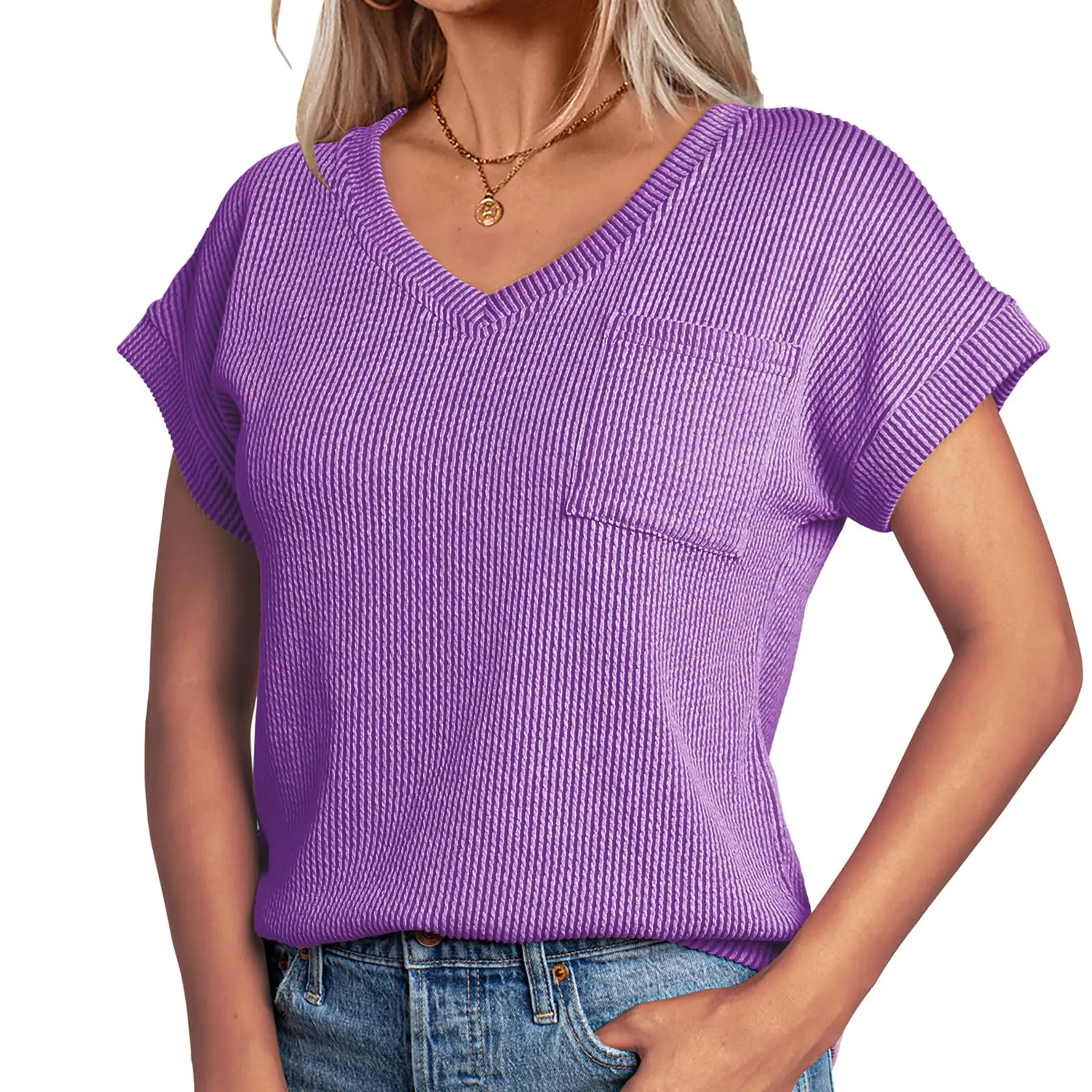 levaca V Neck Ribbed T Shirts Summer Tops for Women 2024 Short Sleeve Basic Tee Casual Tshirts Purple XXL