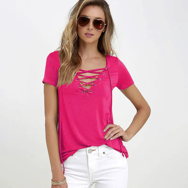 Sexy V-Neck Solid Color Tie T-Shirt Top