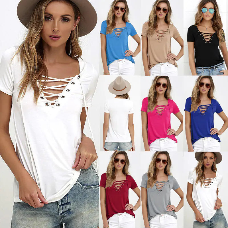 Sexy V-Neck Solid Color Tie T-Shirt Top