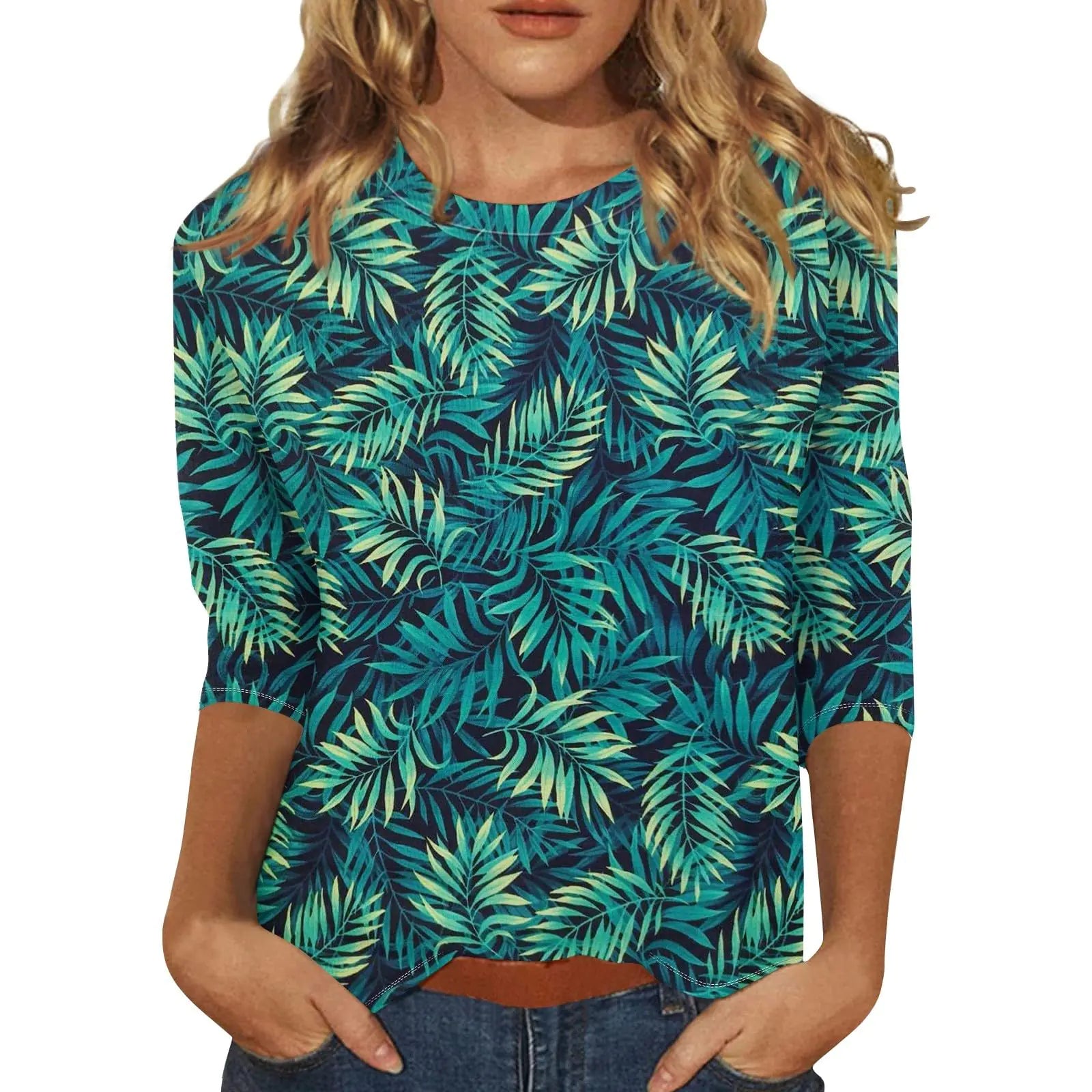 Generic Womens Tops 3/4 Sleeve Shirts Round Neck Loose Casual Blouses Floral Print Tshirts Small 5-green
