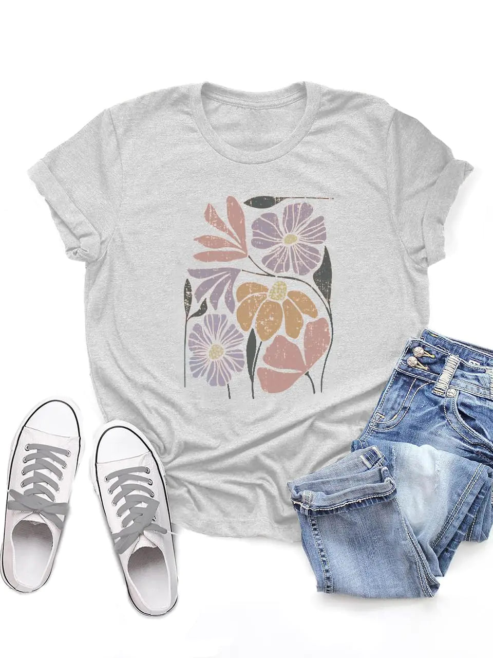 Womens Vintage Flowers Cottagecore Graphic Tee Shirt Tops Summer Trendy Tshirts for Teen Grey L
