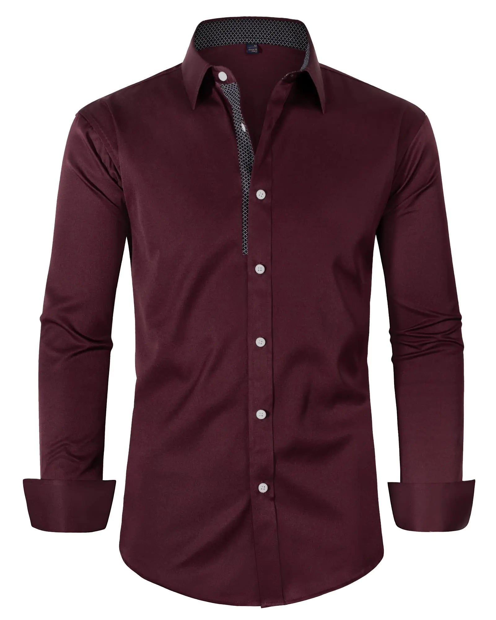 Alimens & Gentle Mens Dress Shirts Long Sleeve Stretch Wrinkle-Free Business Casual Collar Contrast Button Down Shirt Wine