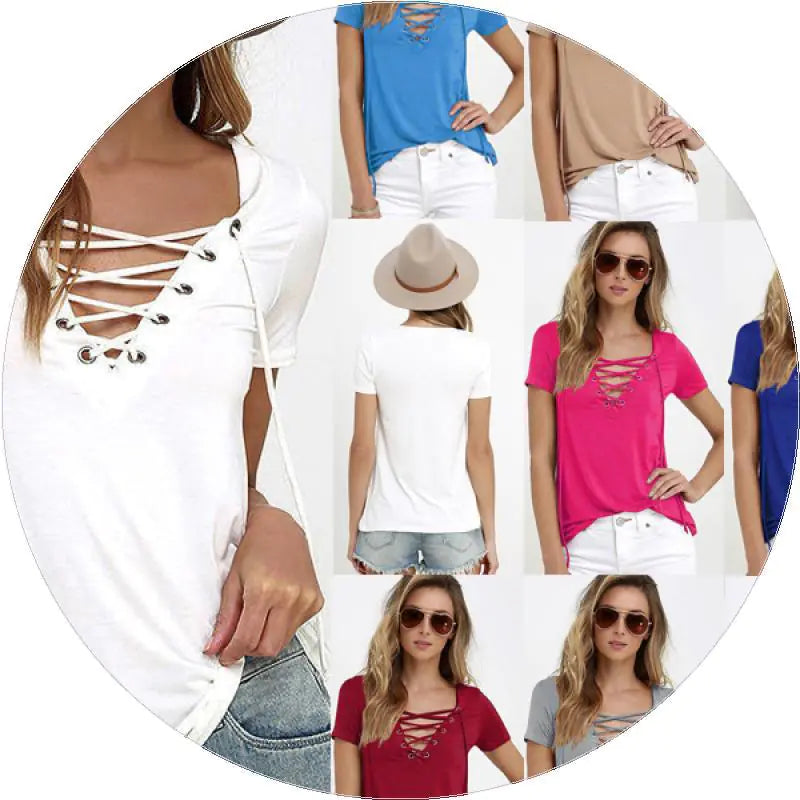 Sexy V-Neck Solid Color Tie T-Shirt Top