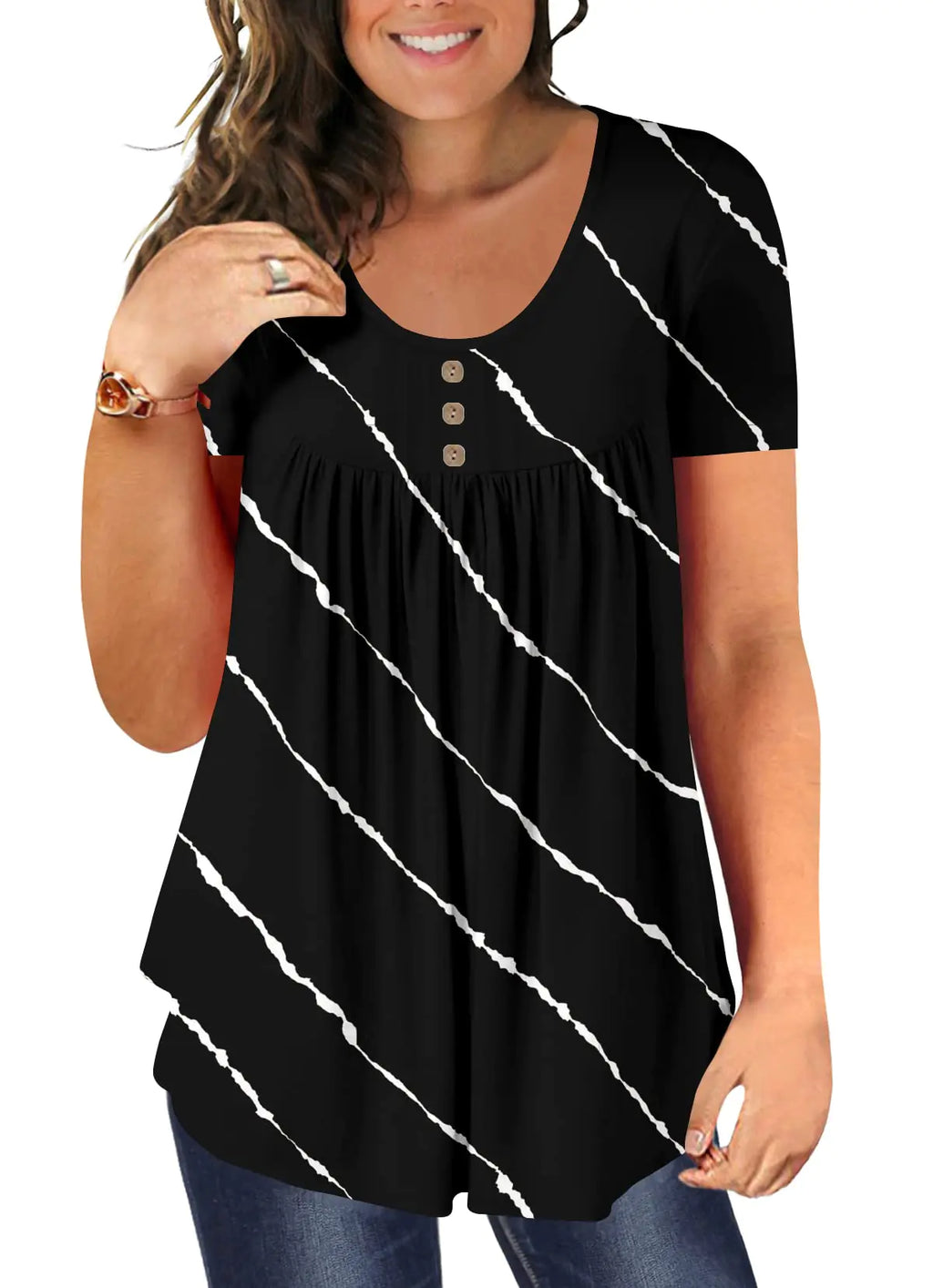 BeadChica Womens Plus Size Tunic Tops Casual Flowy Tshirts Ruched Botton Up Short Sleeve Blouses-Printing-3XL