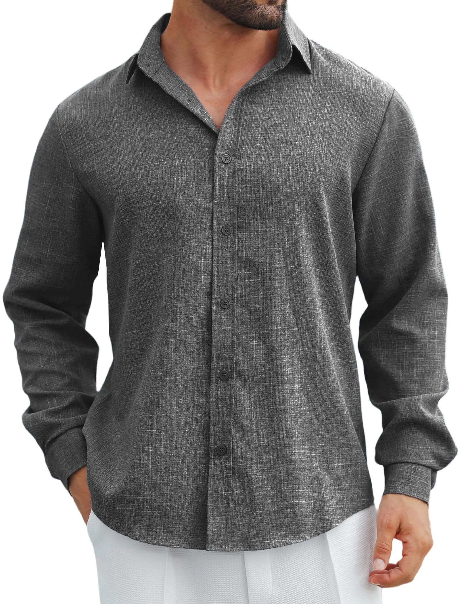 MAPICK Mens Casual Linen Dress Shirts Button Down Long Sleeve Vacation Cruise Shirt Fall Rayon Shirts(A-Dark GreySmall)
