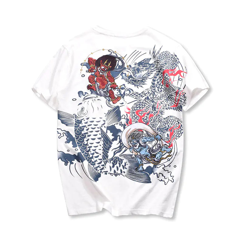 Embroidered Thunder God and Koi Short Sleeve Shirts