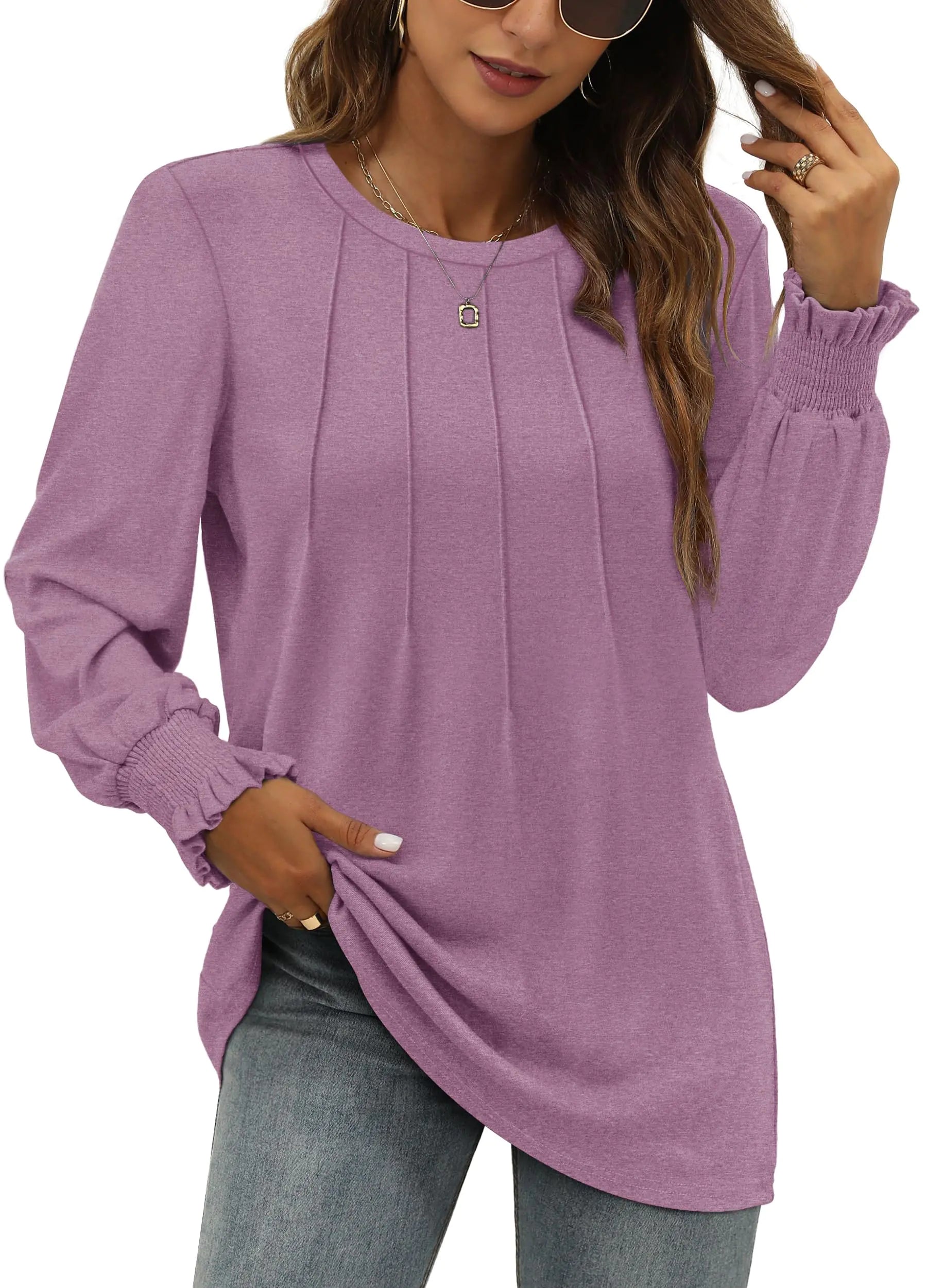 OFEEFAN Tunic Tops for Women Loose Fit Long Sleeve Tshirts Winter Fashion Blouses Womens Casual Fall T-shirts Purple XL