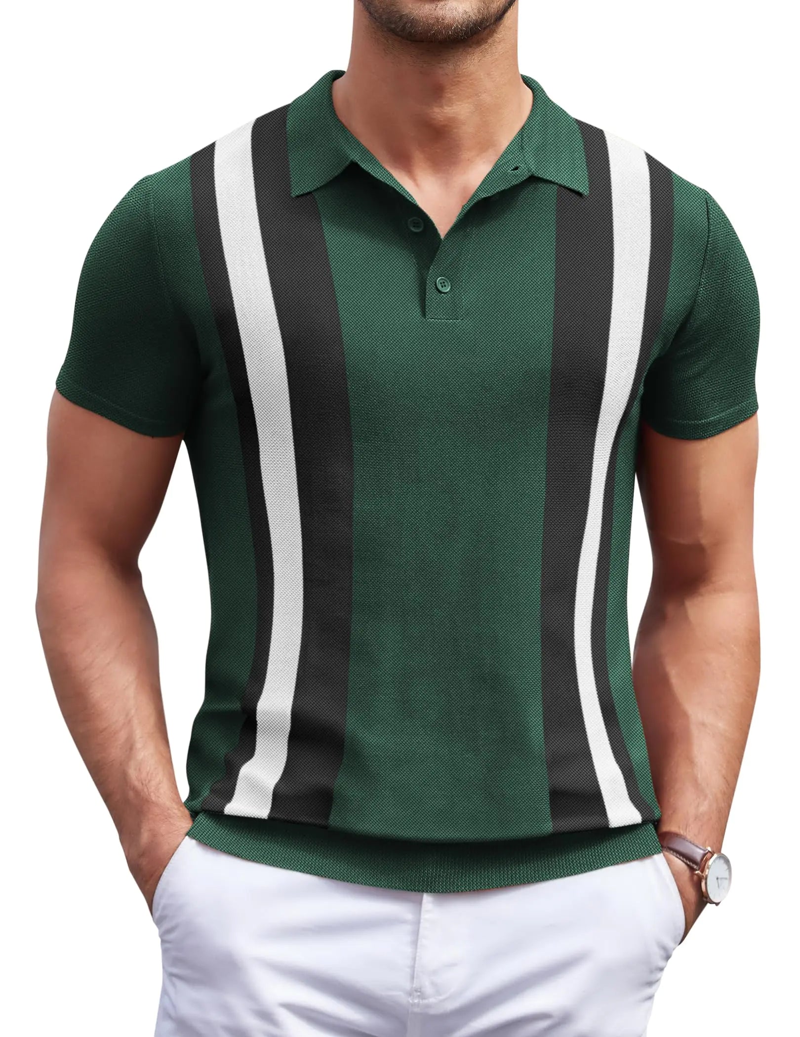 COOFANDY Mens Short Sleeve Knit Retro Polo Shirt Slim Fit Striped Dress Polo Shirts