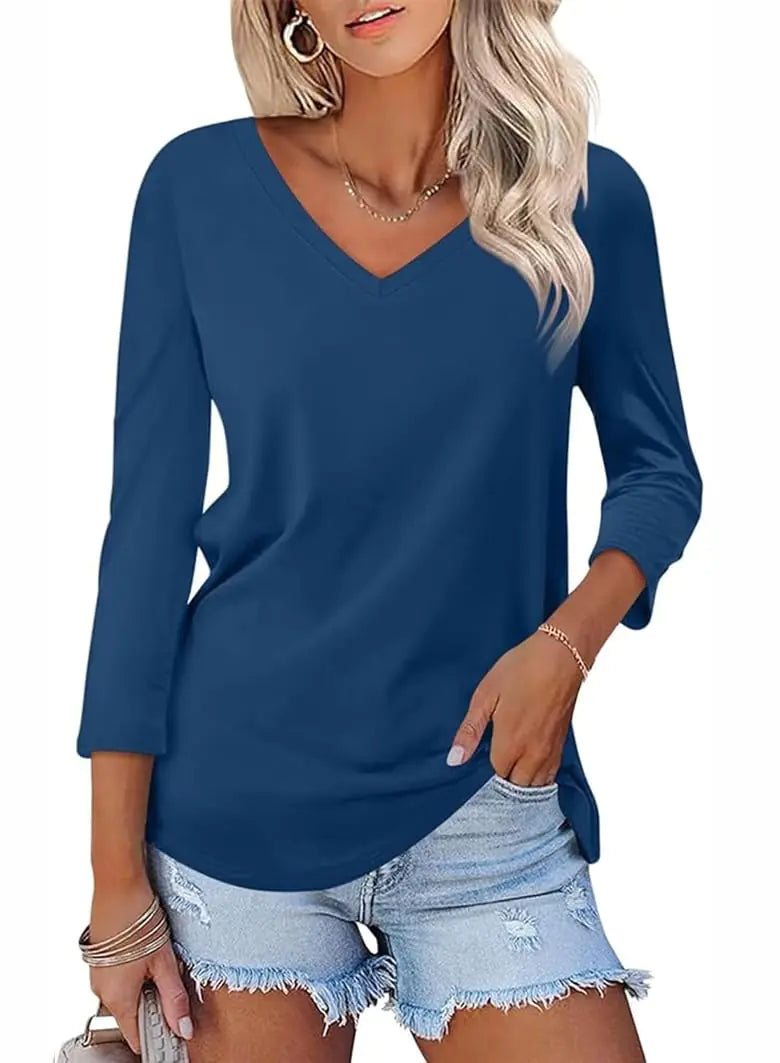 Poetsky Womens Basic Casual V Neck Solid Cotton 3/4 Sleeve Work Tops Tee Tshirts S-2XL Navy Blue