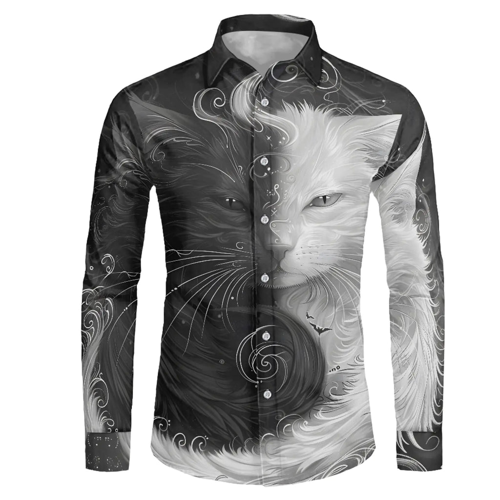 JooMeryer Mens Plus Size Hawaiian Shirts 3D Wolf Printed Button Down Long Sleeve Dress ShirtBlacknd White CatM