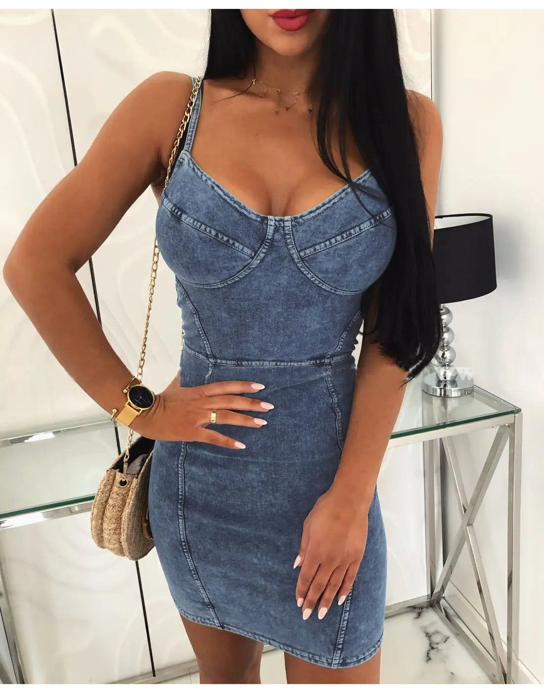 Trendy Spaghetti Strap Denim Dress