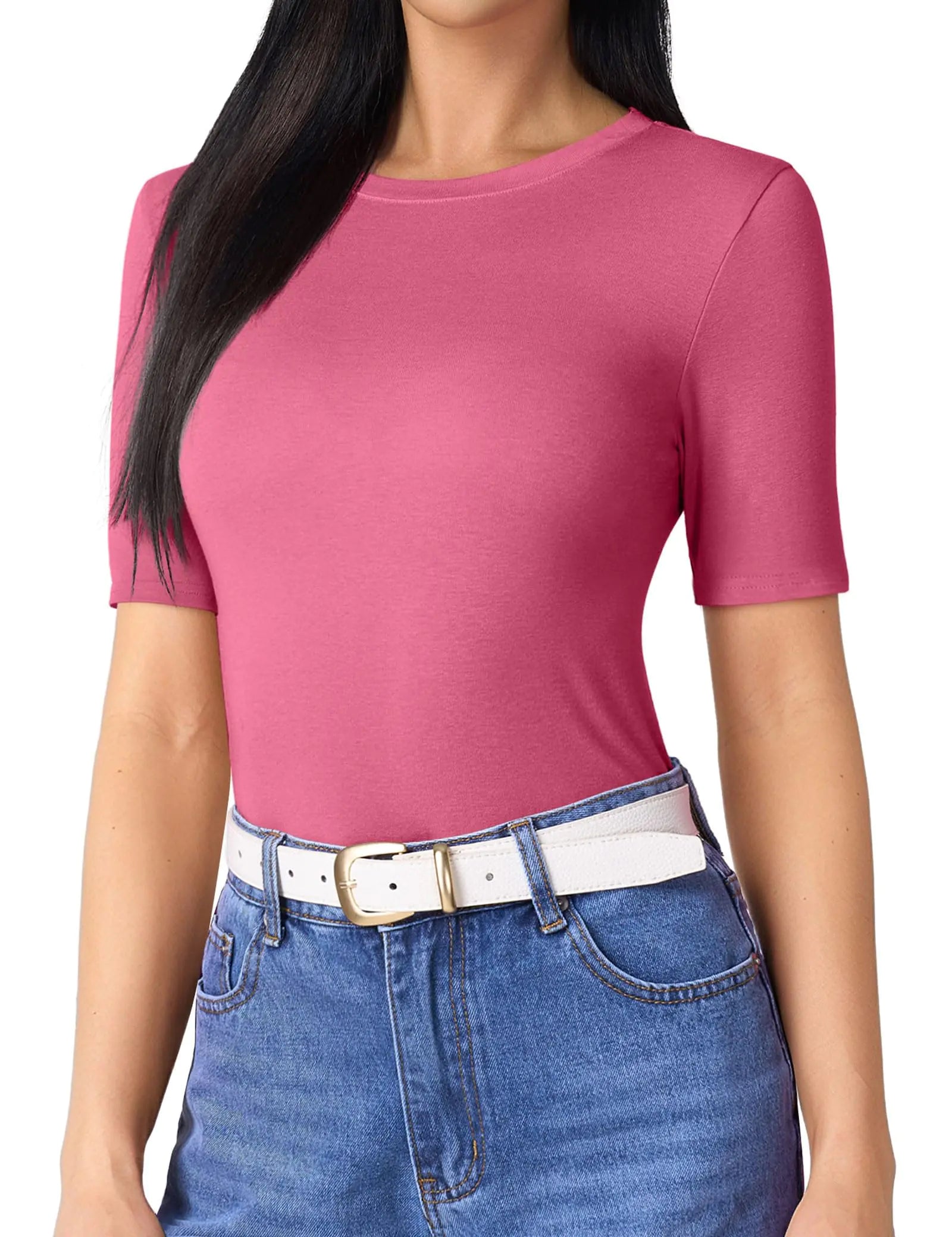 Beluring Women Shirts Crew Neck Summer Tshirts Short Sleeve Basic Slim Fit Tees (Rose Red M)