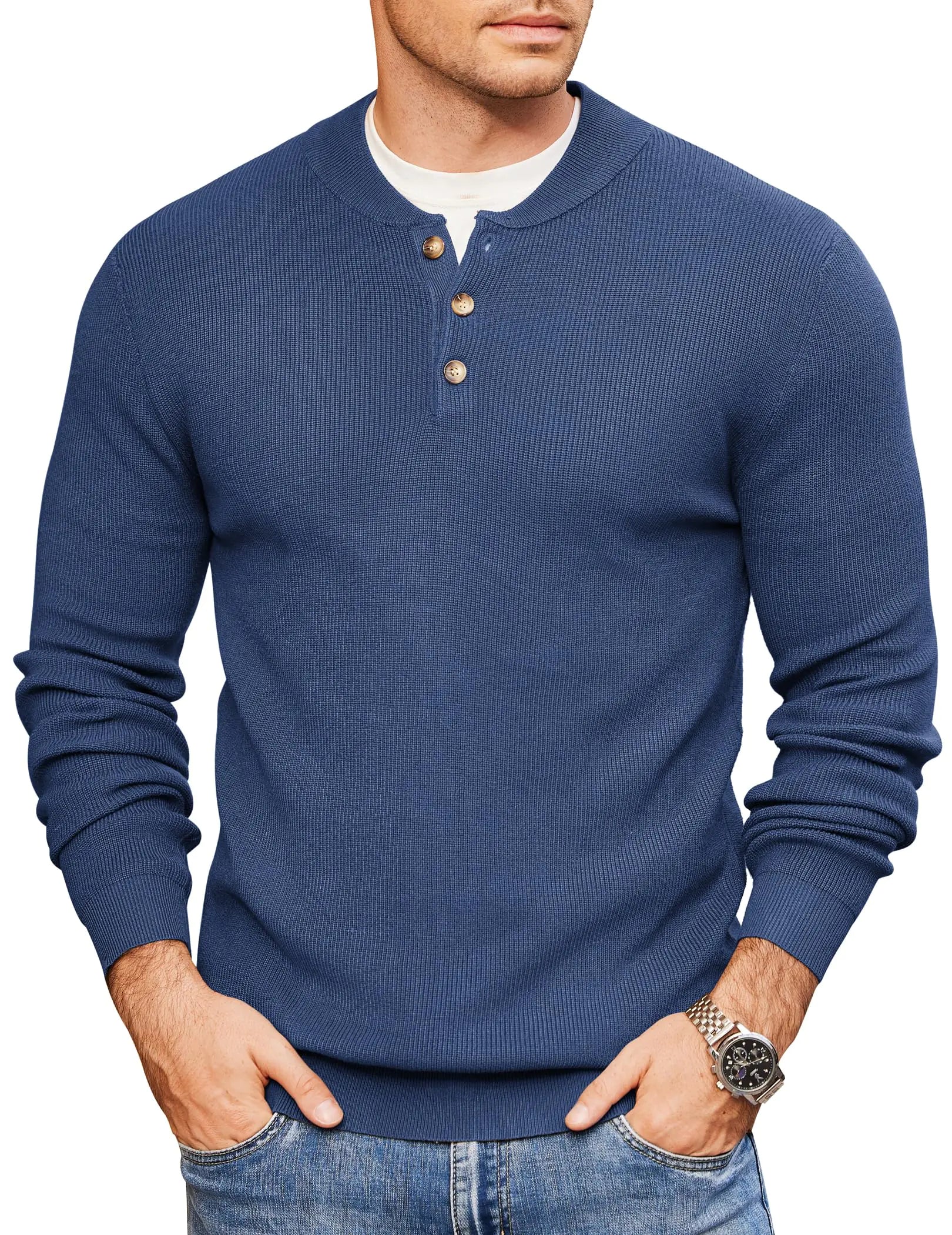COOFANDY Mens Henley Sweater Pullover Lightweight Fitted Long Sleeve Dress Sweater Casual Winter Sweat Shirts Blue