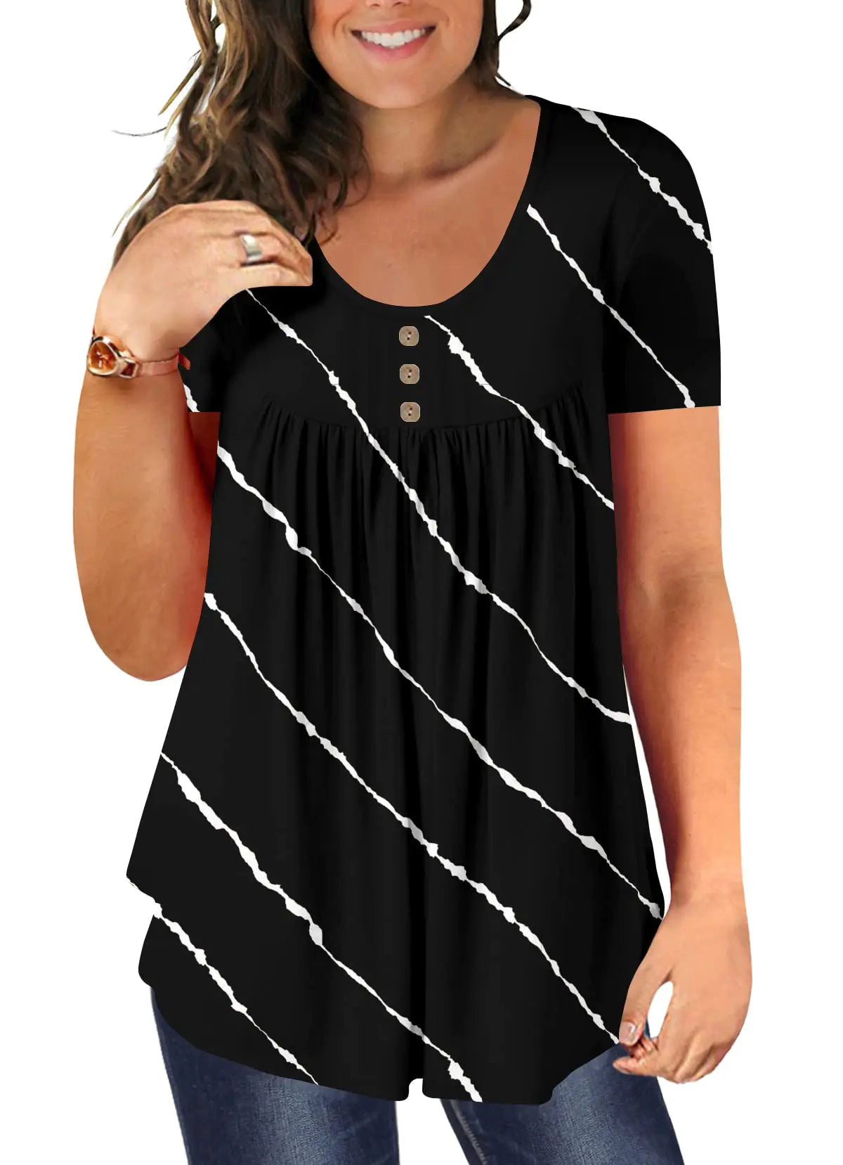 BeadChica Womens Plus Size Tunic Tops Casual Flowy Tshirts Ruched Botton Up Short Sleeve Blouses-Printing-3XL
