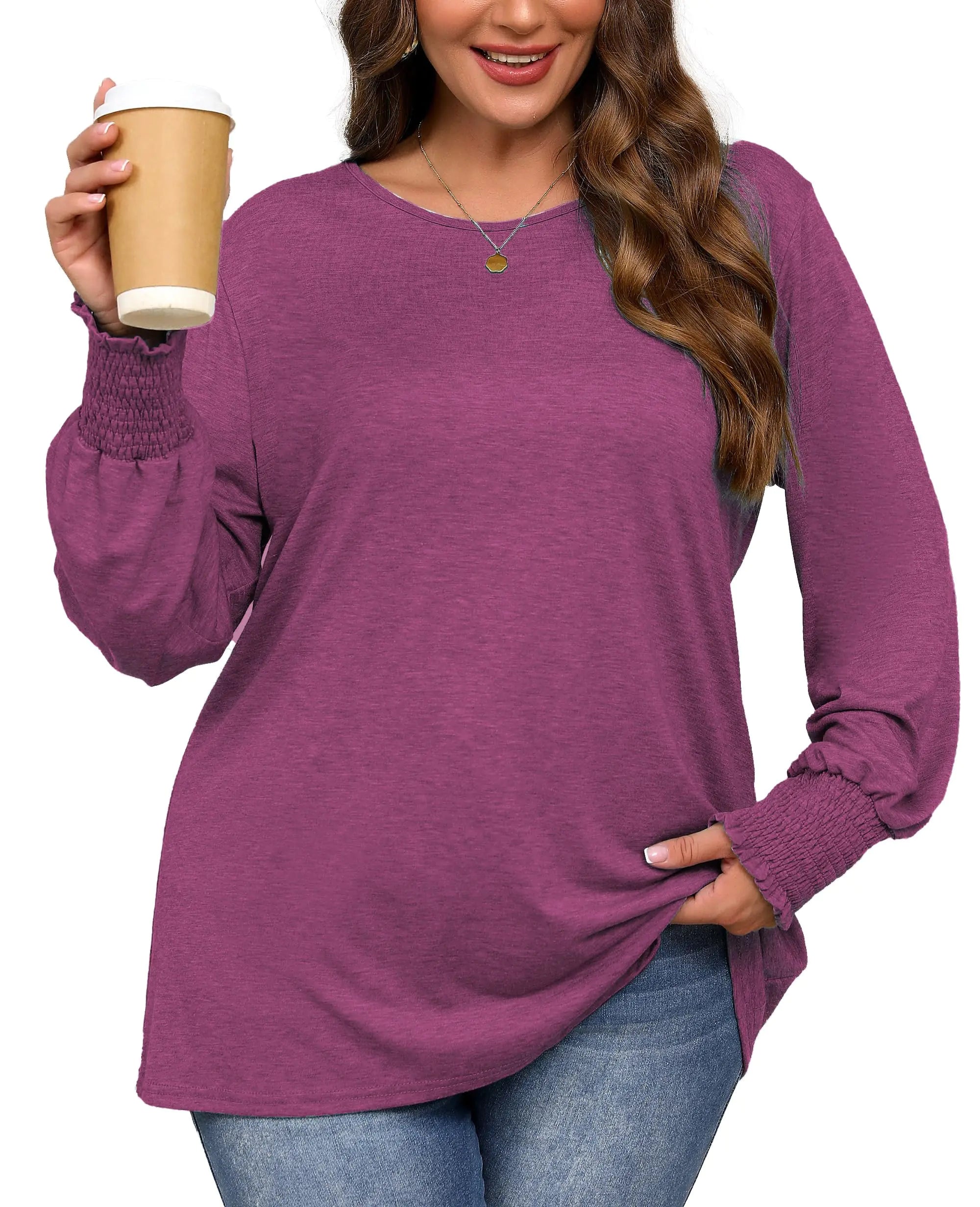 Plus Size Long Sleeve Shirts Womens Trendy Ribbed Sleeve Tshirts Loose Fit Casual Tops 2X Burgundy