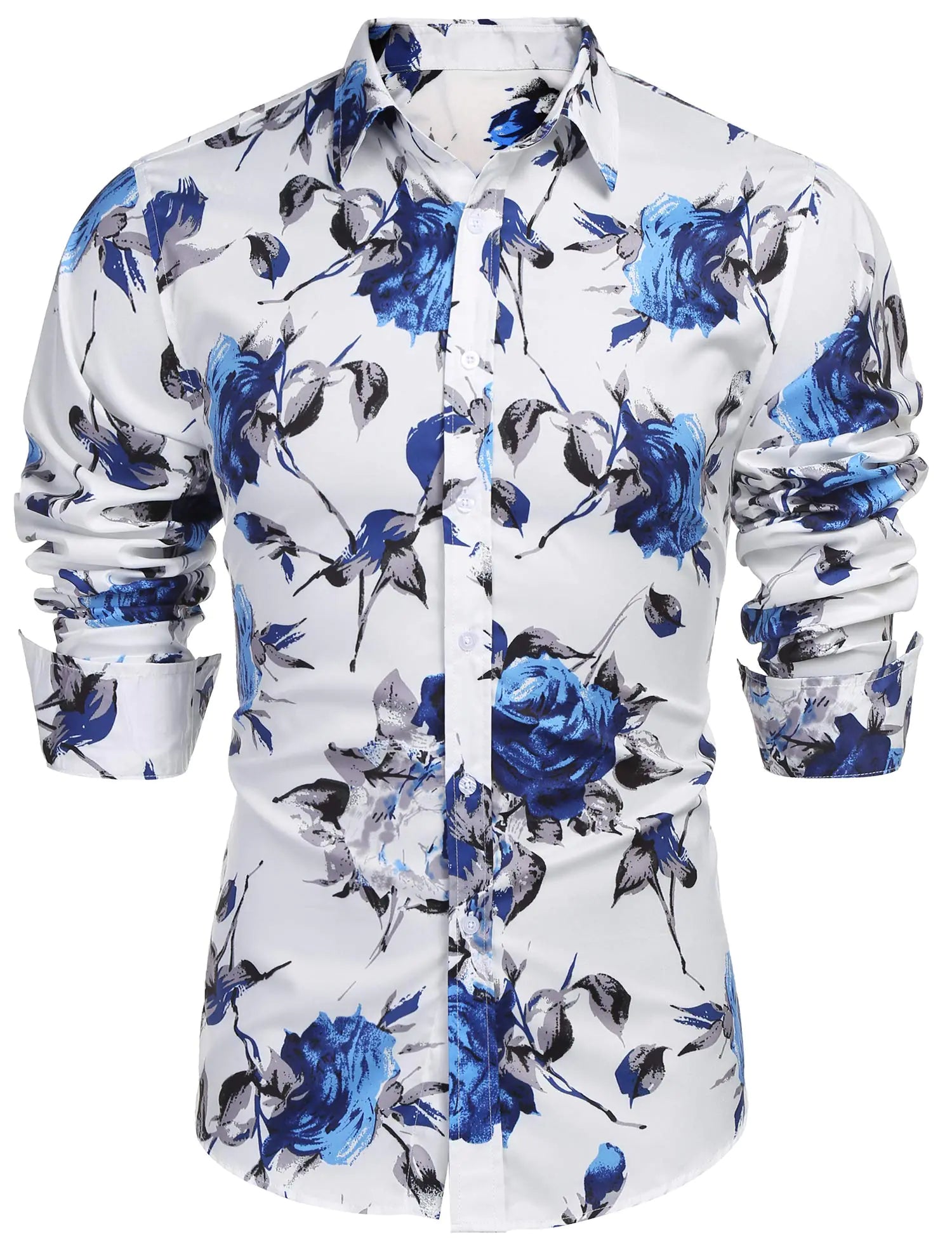 COOFANDY Mens Slim Fit Floral Dress Shirt Long Sleeve Casual Button Down Shirts 01_White&Blue X-Large