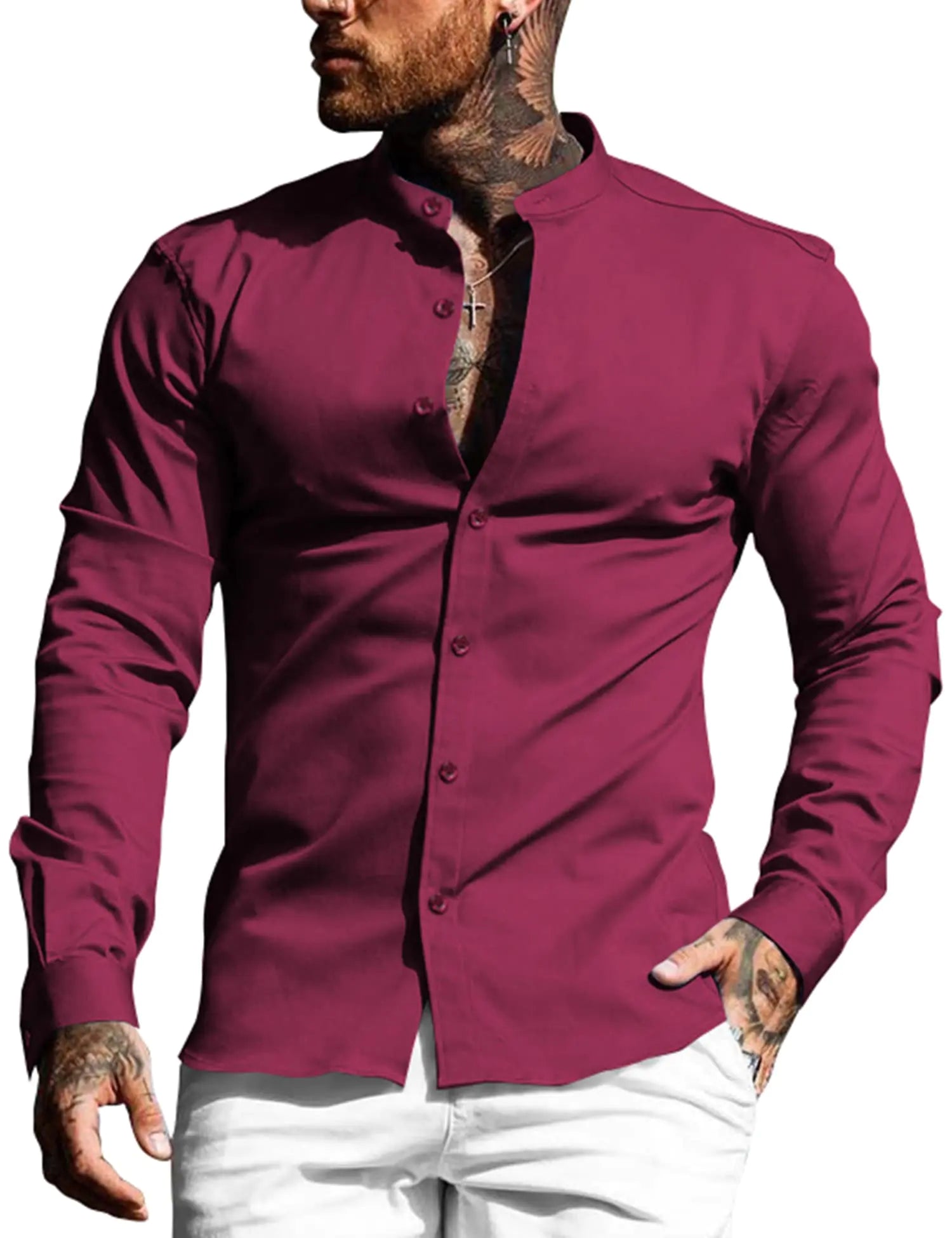 URRU Mens Muscle Dress Shirts Slim Fit Stretch Banded Collar Long Sleeve Casual Button Down Shirts Wine Red XL