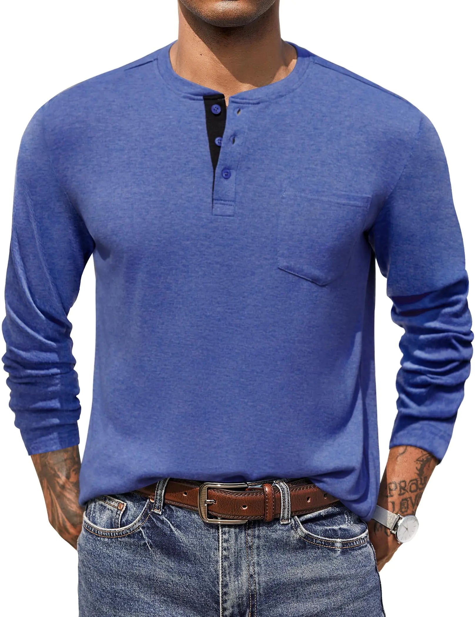 COOFANDY Men Tshirts Casual Beefy Shirt Pullover Pocket Lightweight Classic Tunic Top Deep Blue