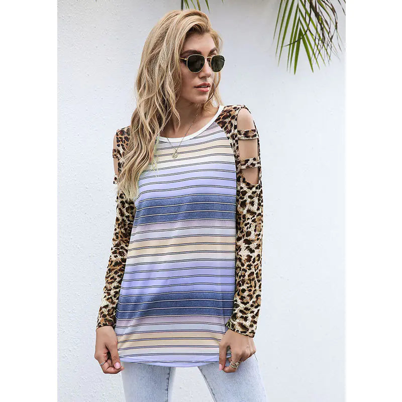 2020 Women's Leopard Print Gradient Cold Shoulder Top
