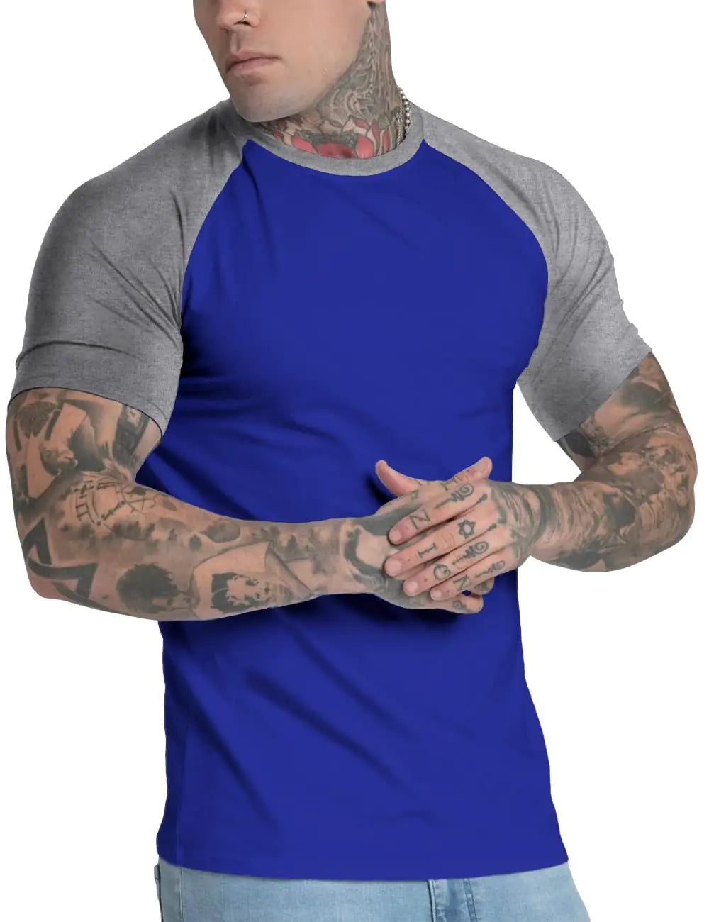 Ychnaim Mens Casual Slim Fit Raglan Contrast Cotton Short Sleeve Baseball Jersey Tshirts Color Blue-Light Grey Size XL
