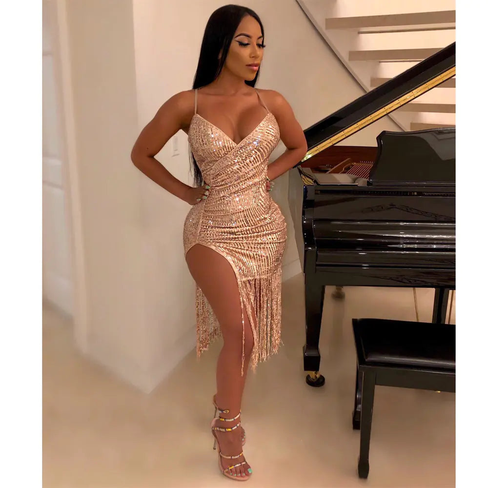K8817 Sequin Fringe Split Dress for Nightclub Parties