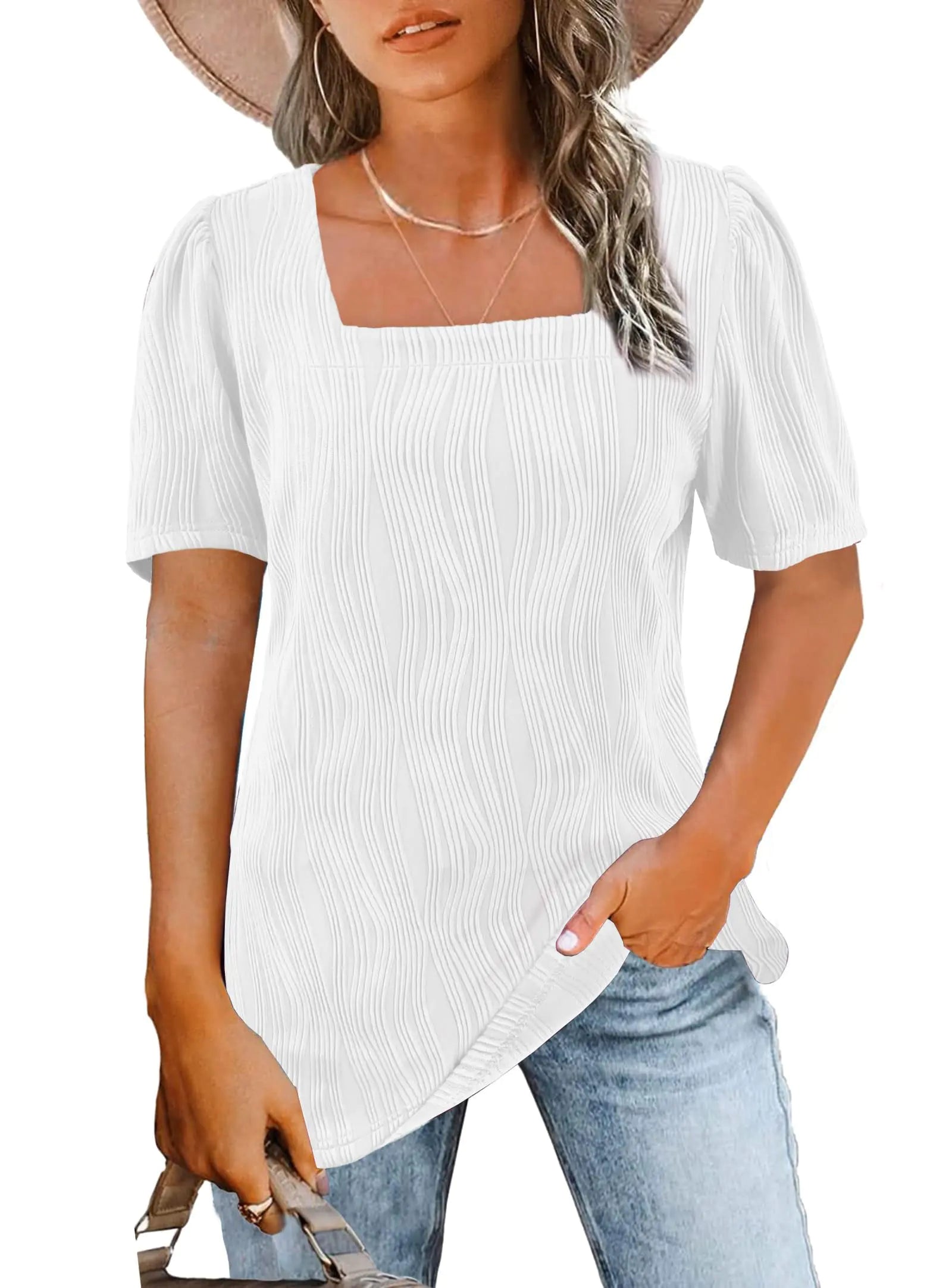 Womens Summer Tops 2024 Square Neck Blouses Puff Sleeve Side Slit Tshirts White Small