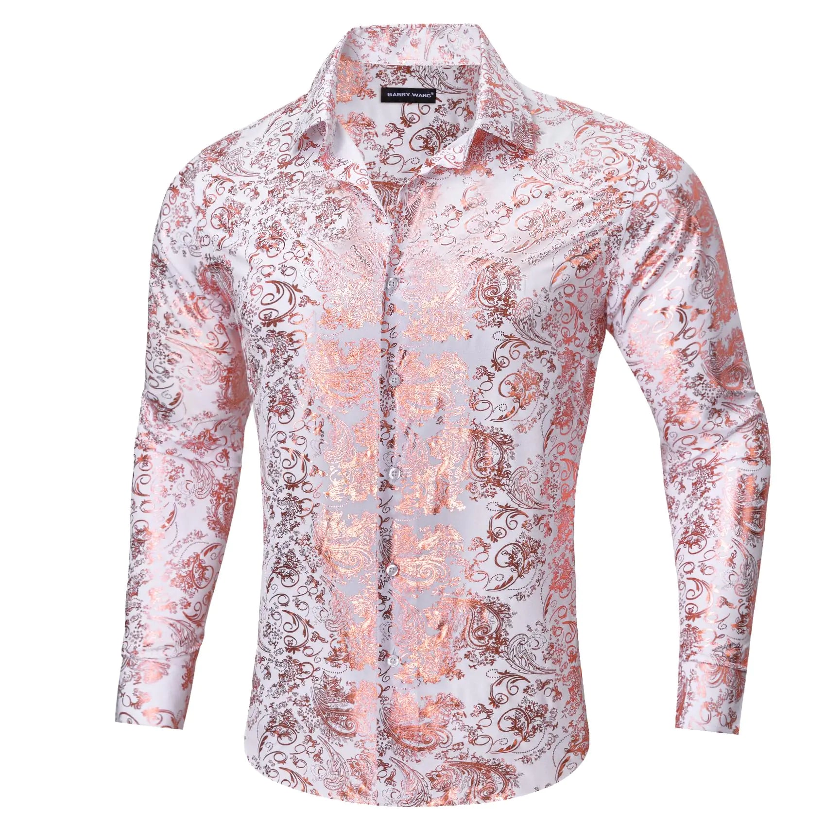Barry.Wang Mens Nightclub Dress Shirt Shiny Floral Long Sleeve Button Down Shirts Holiday Party Wrinkle Free Tops
