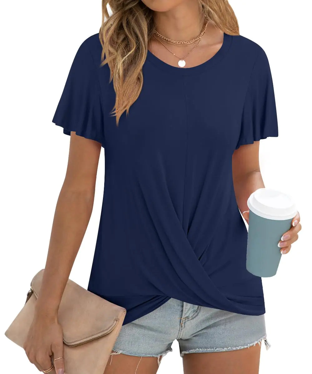 Addtoo Womens Summer Casual Tunic Tops Short Sleeve Blouse Fit Round Neck Tshirts Navy Blue S