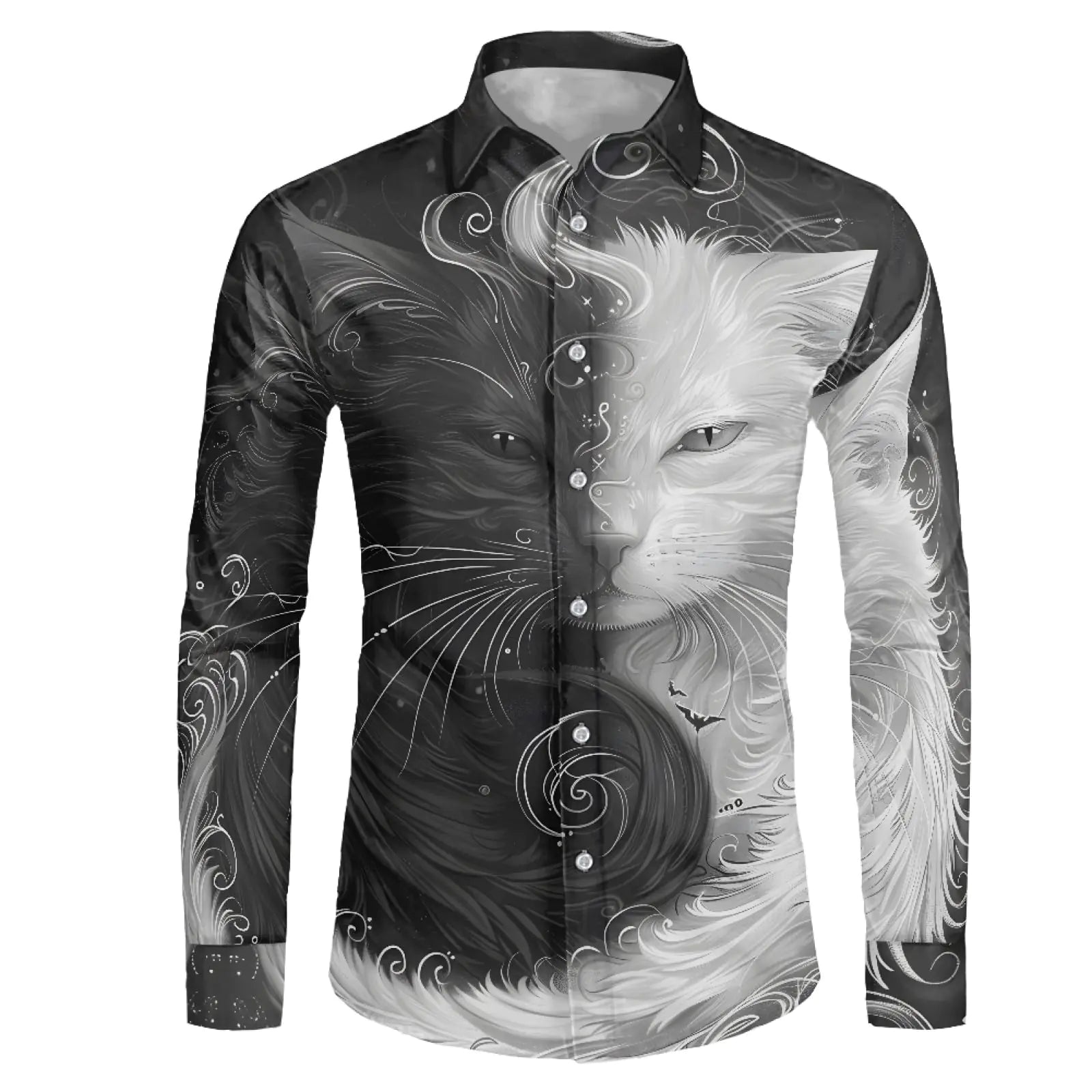 JooMeryer Mens Plus Size Hawaiian Shirts 3D Wolf Printed Button Down Long Sleeve Dress ShirtBlacknd White CatM