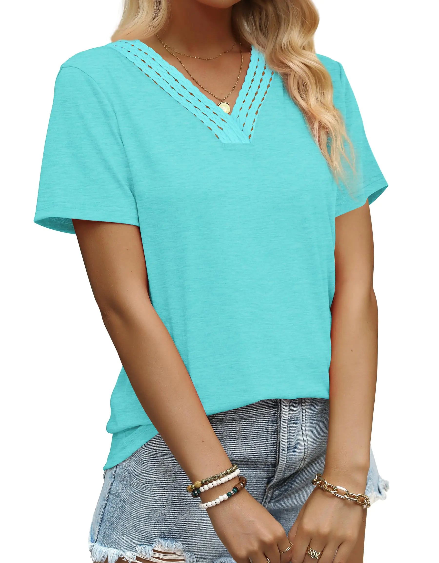 Aokosor Tshirts for Women 2024 Summer Dress Shirt Comfy V Neck Tops Light Blue S