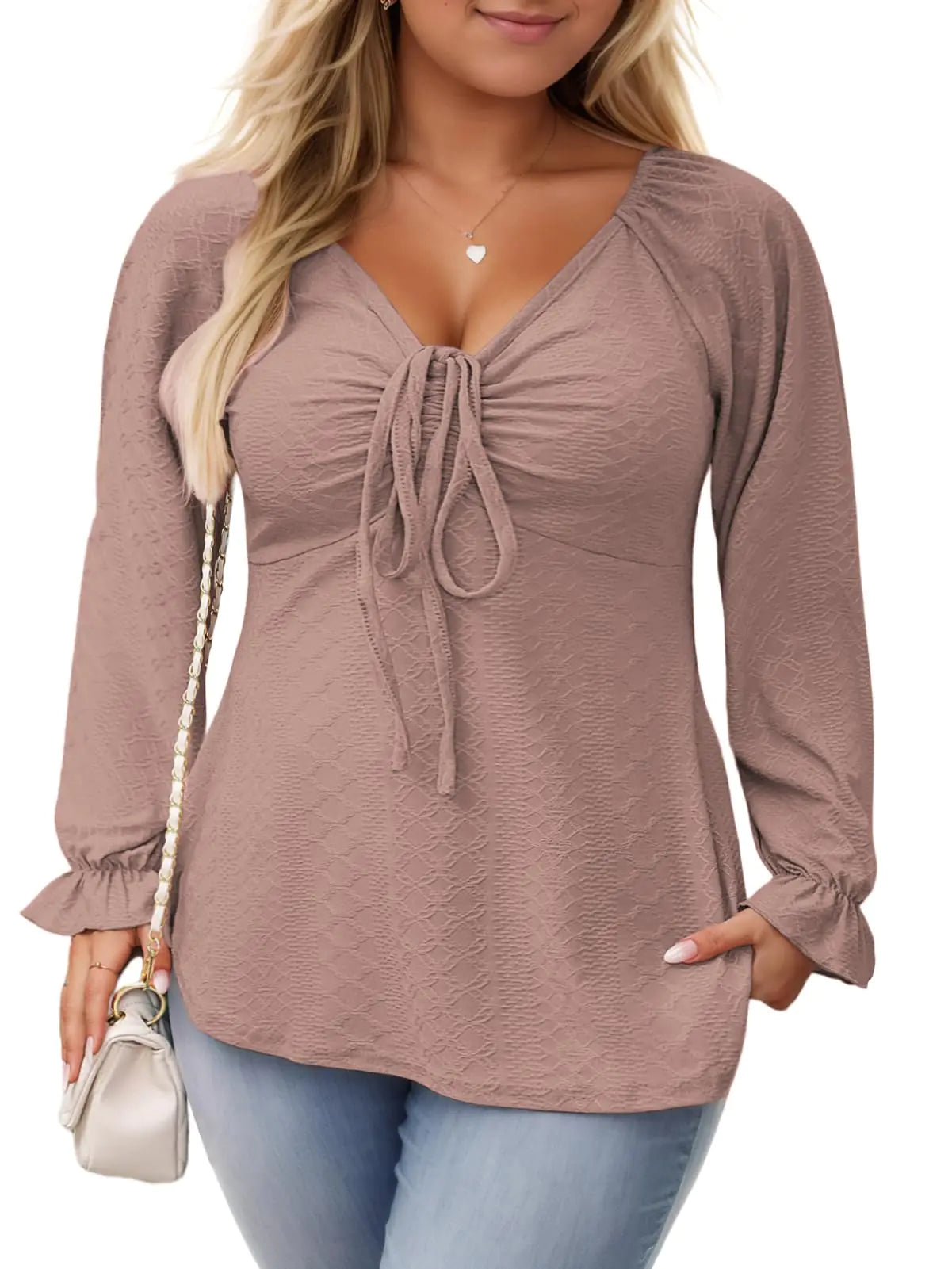 Plus Size V Neck Tops for Women Trendy Eyelet Tshirts Cute Peplum Tee Work Cozy Ruffle Sleeve 5X Powder Pink