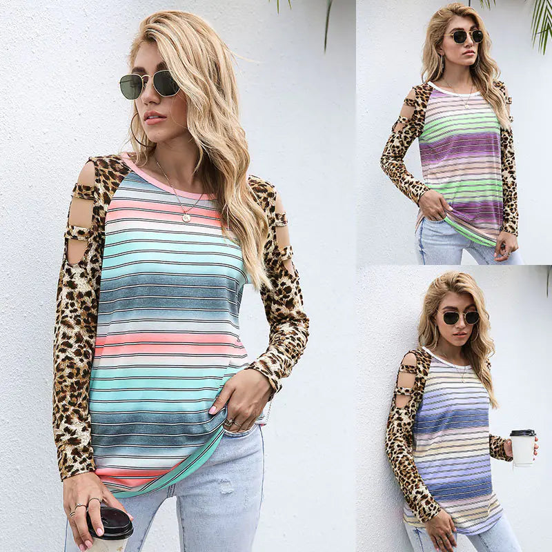 2020 Women's Leopard Print Gradient Cold Shoulder Top