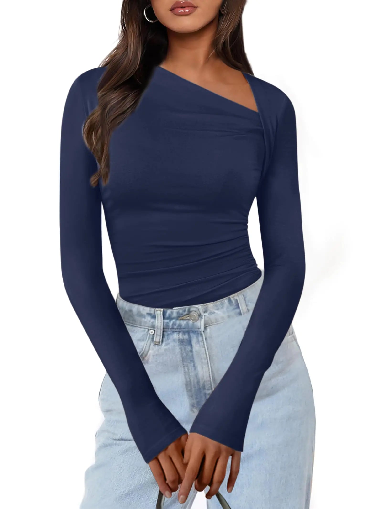 Caracilia Women Long Sleeve Asymmetric Shirts 2024 Fall Fashion Slim Fitting Tshirts Going Out Tops Sexy Tight Y2k Outfits Navy Blue