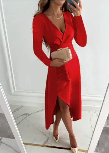 Elegant V-Neck Chiffon Dress with Tie Waist