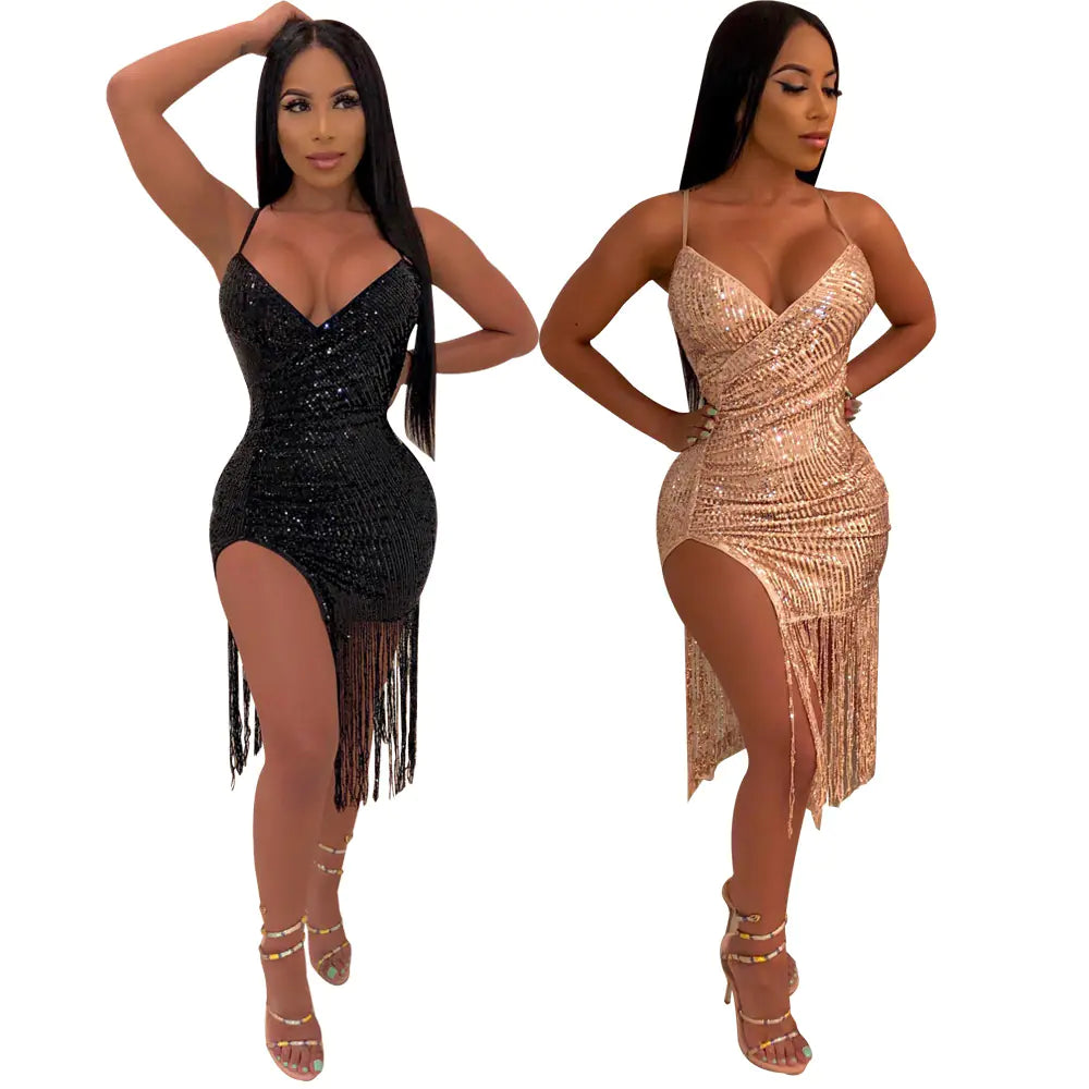 K8817 Sequin Fringe Split Dress for Nightclub Parties