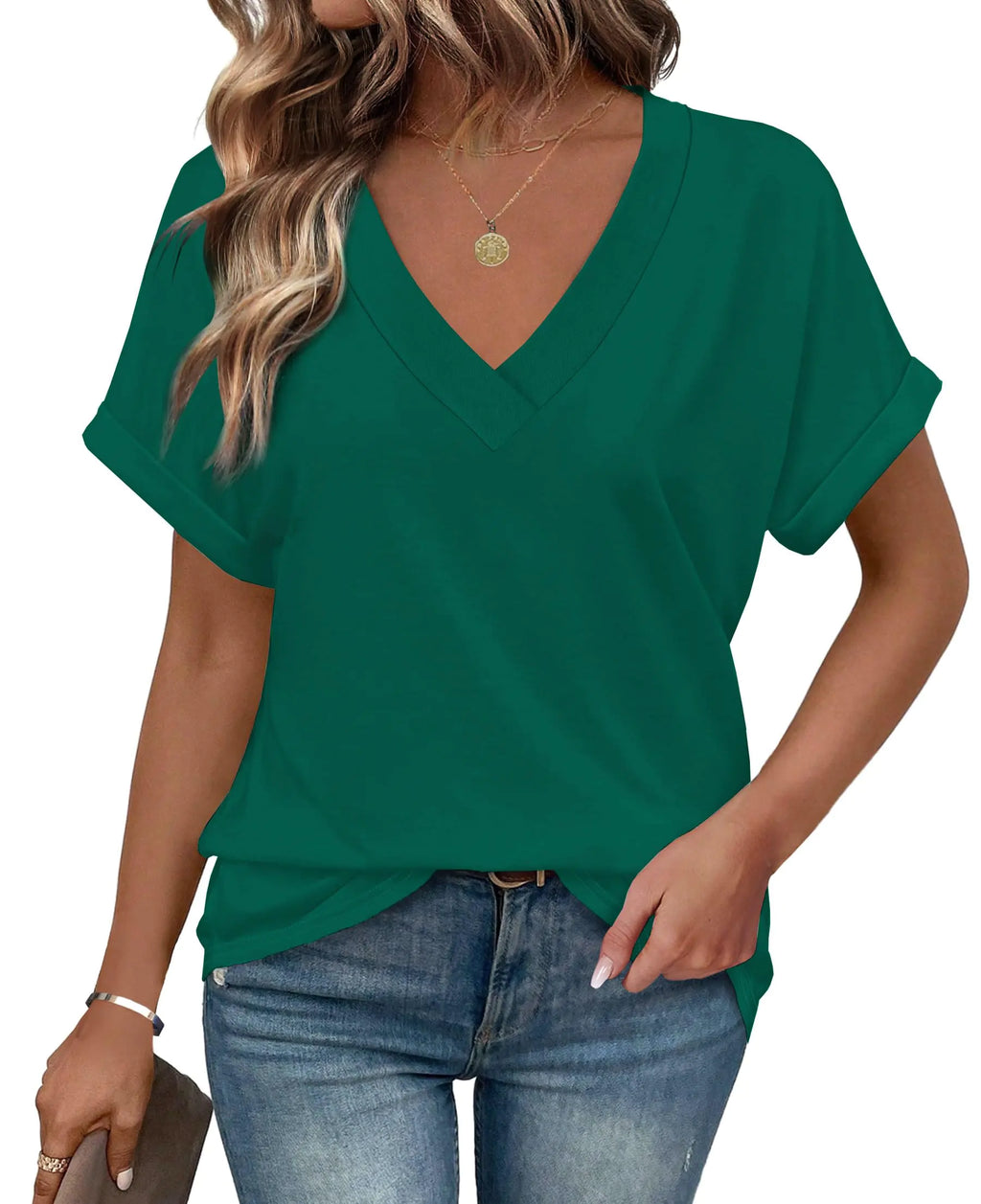 Womens Summer Tops Short Sleeve V Neck Tshirts Business Casual Outfits for Women Green XXL