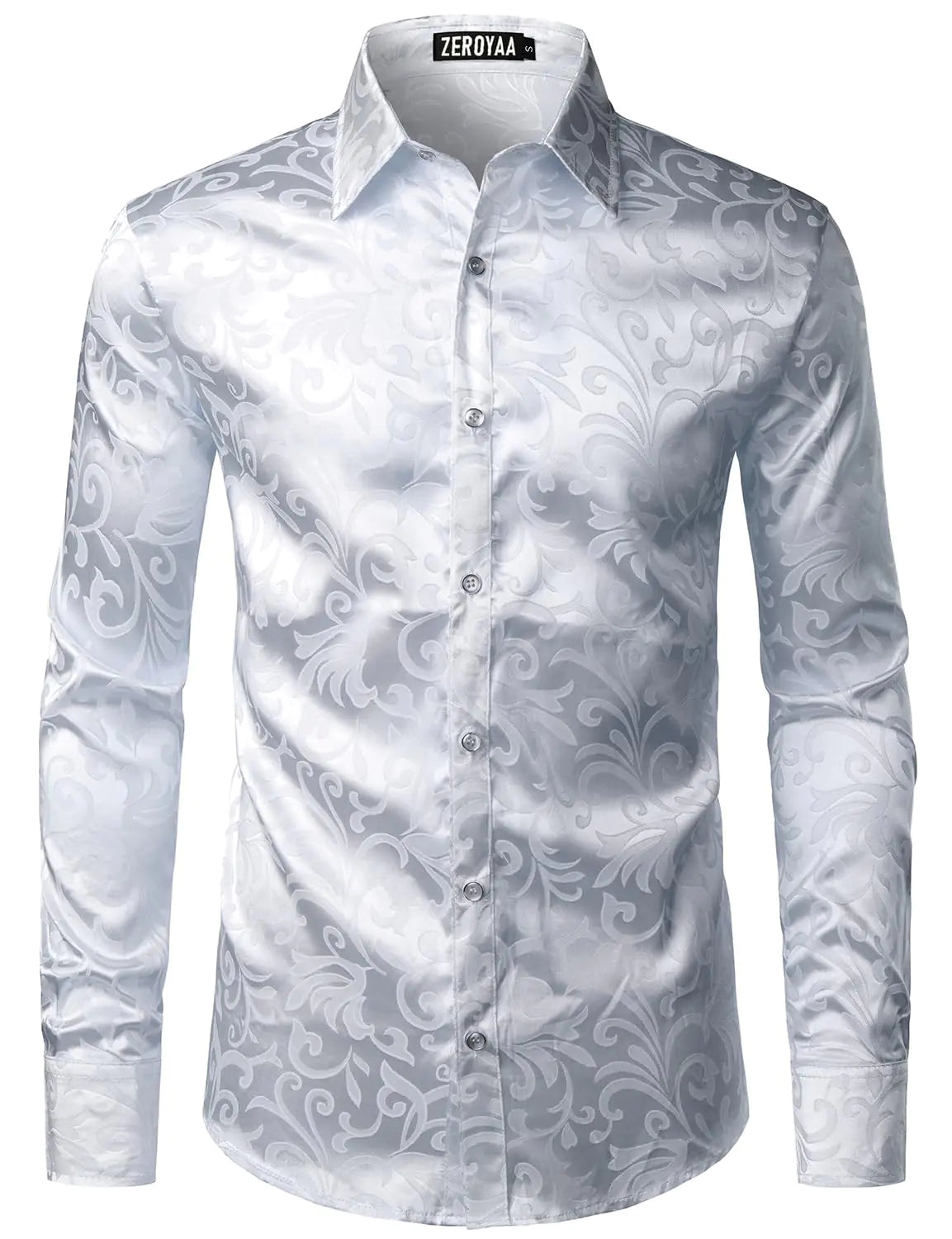 ZEROYAA Mens Luxury Jacquard Long Sleeve Dress Shirt Shiny Satin Slik Like Wedding Party Prom Shirts ZLCL27-Sliver Blue Medium