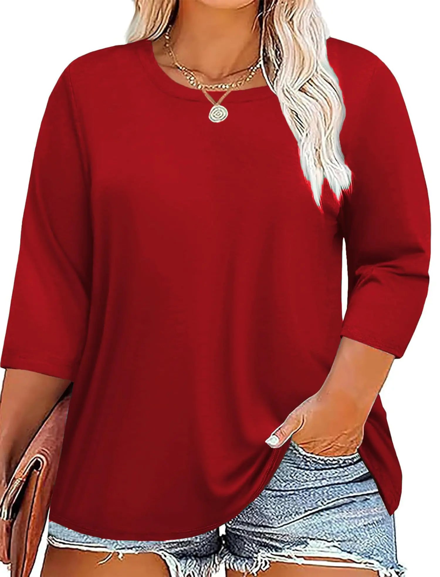 Plus Size 3/4 Sleeve T Shirts Women Fall Tops Tshirts Tunic Casual Late Summer Tee 3X red3