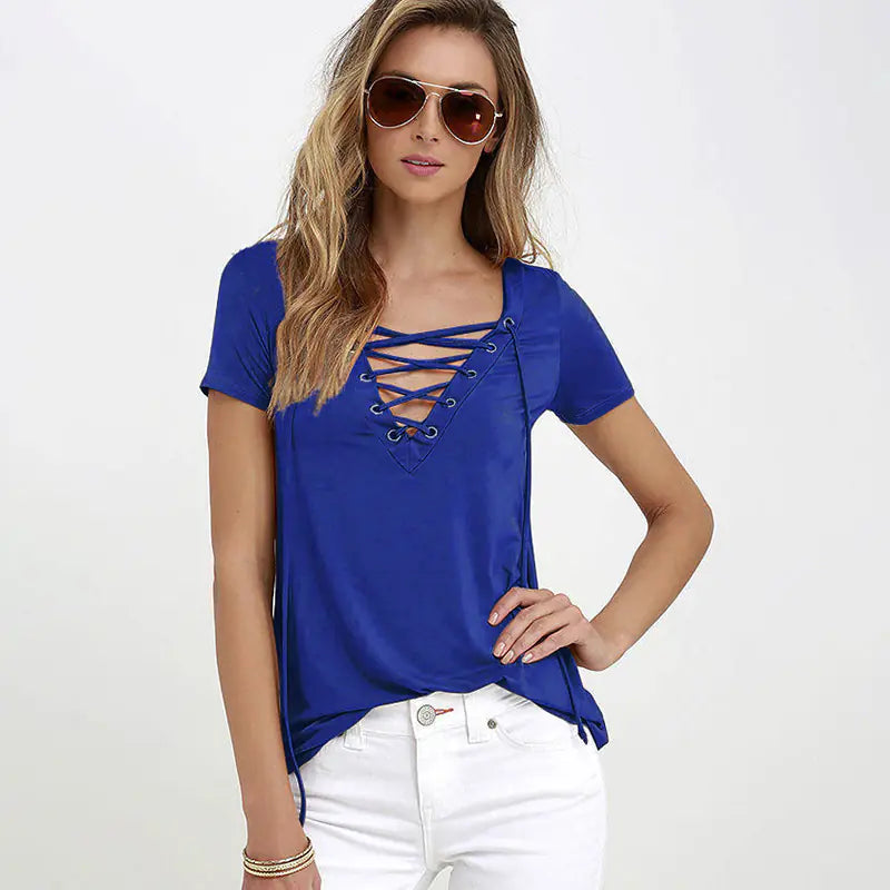 Sexy V-Neck Solid Color Tie T-Shirt Top