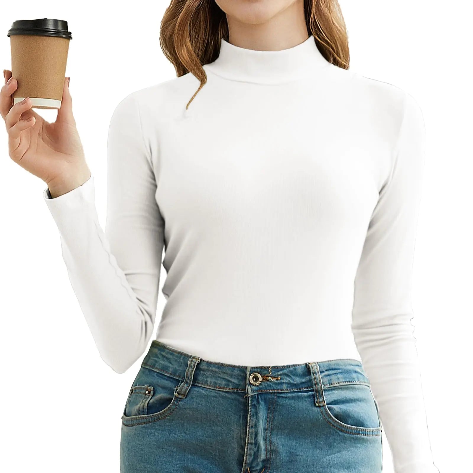 Long Sleeve Shirts for Women Mock Turtleneck Tops Ribbed Knitted Basic Tshirts Tight Undershirts Slim Fit(WhiteX-Large)