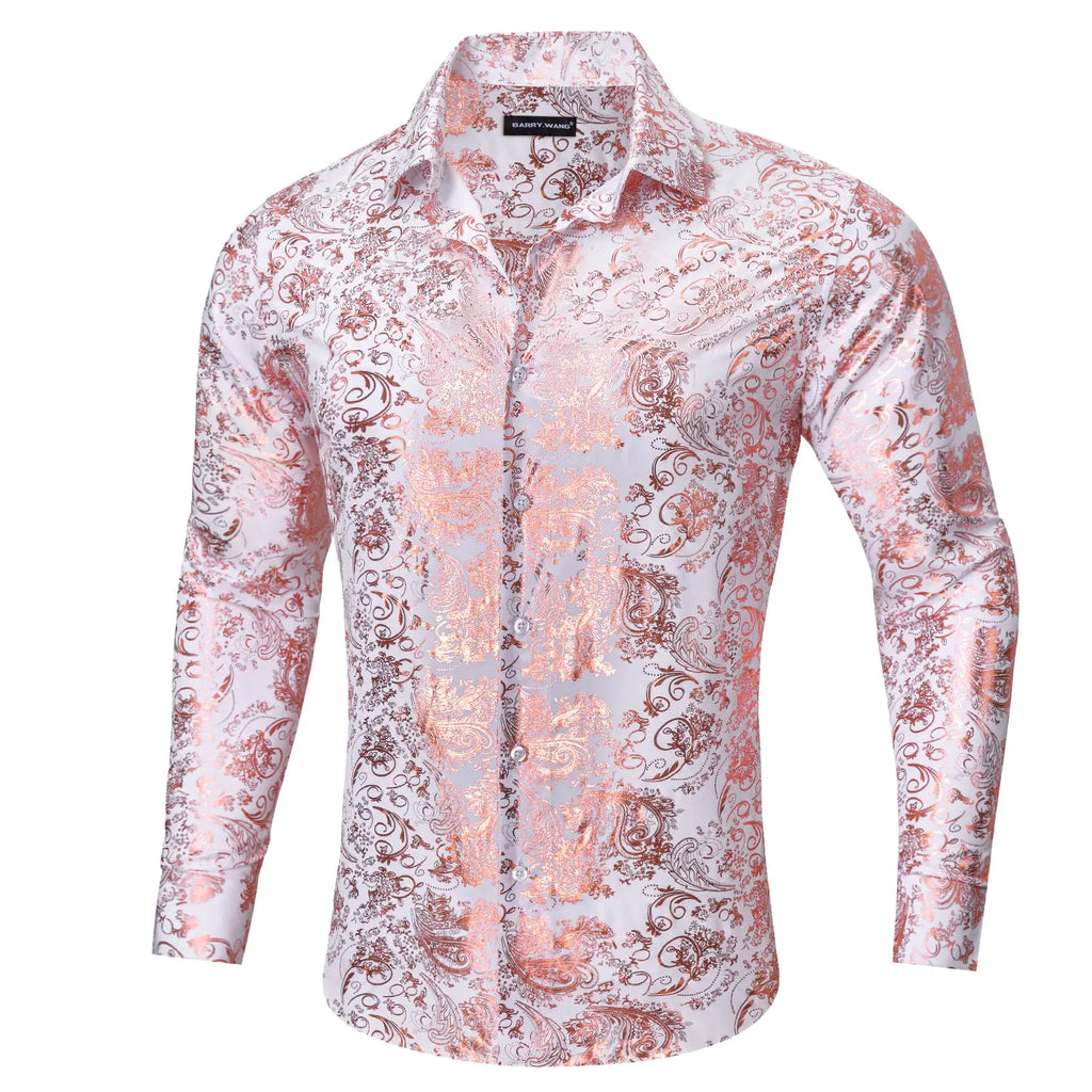 Barry.Wang Mens Nightclub Dress Shirt Shiny Floral Long Sleeve Button Down Shirts Holiday Party Wrinkle Free Tops