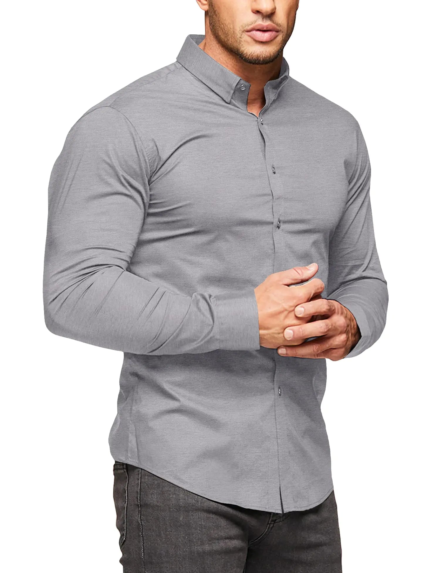 URRU Mens Muscle Dress Shirts Slim Fit Stretch Long Sleeve Casual Button Down Shirts