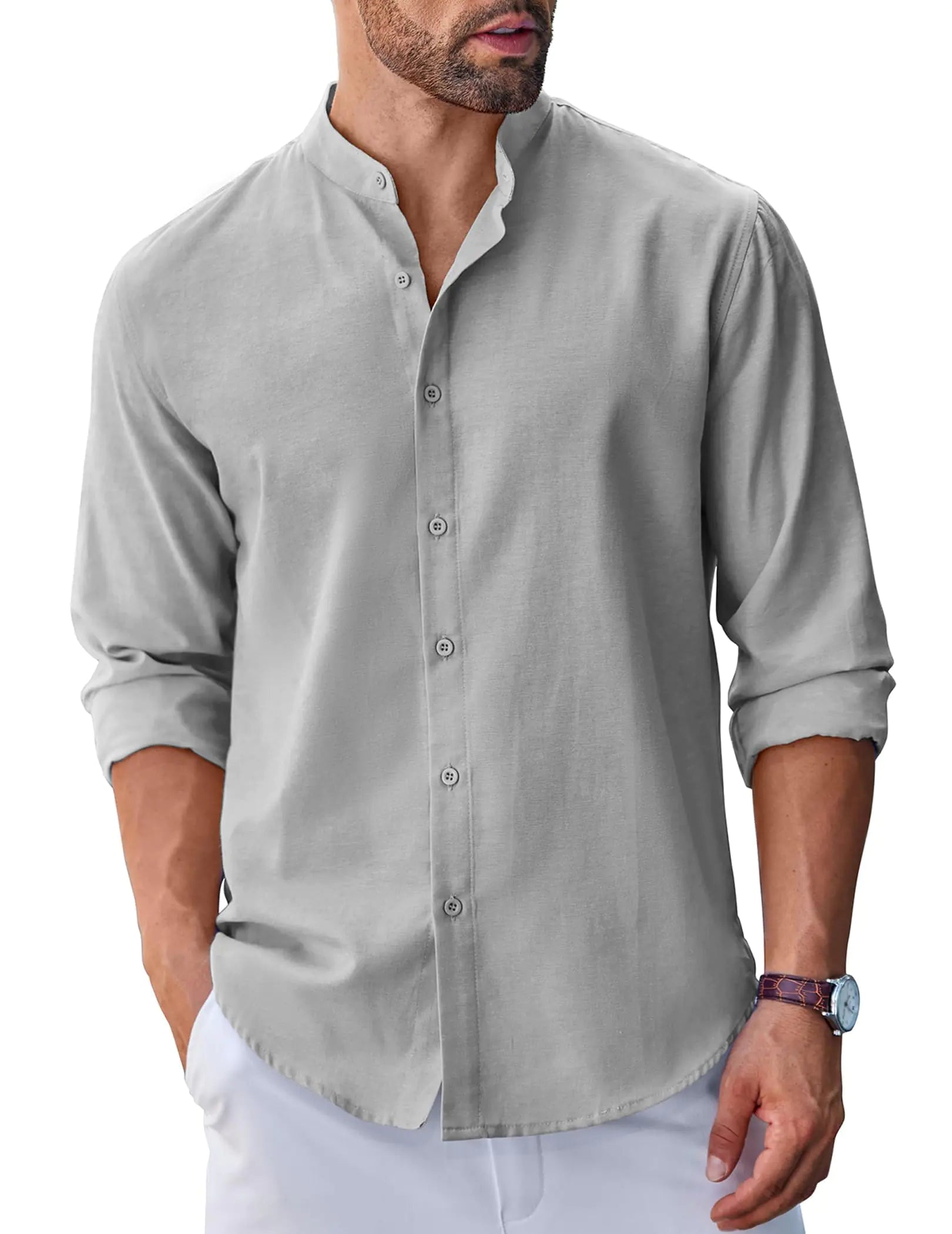 COOFANDY Mens Casual Button Down Shirt Collarless Dress Shirt Long Sleeve Oxford Shirts Light Grey