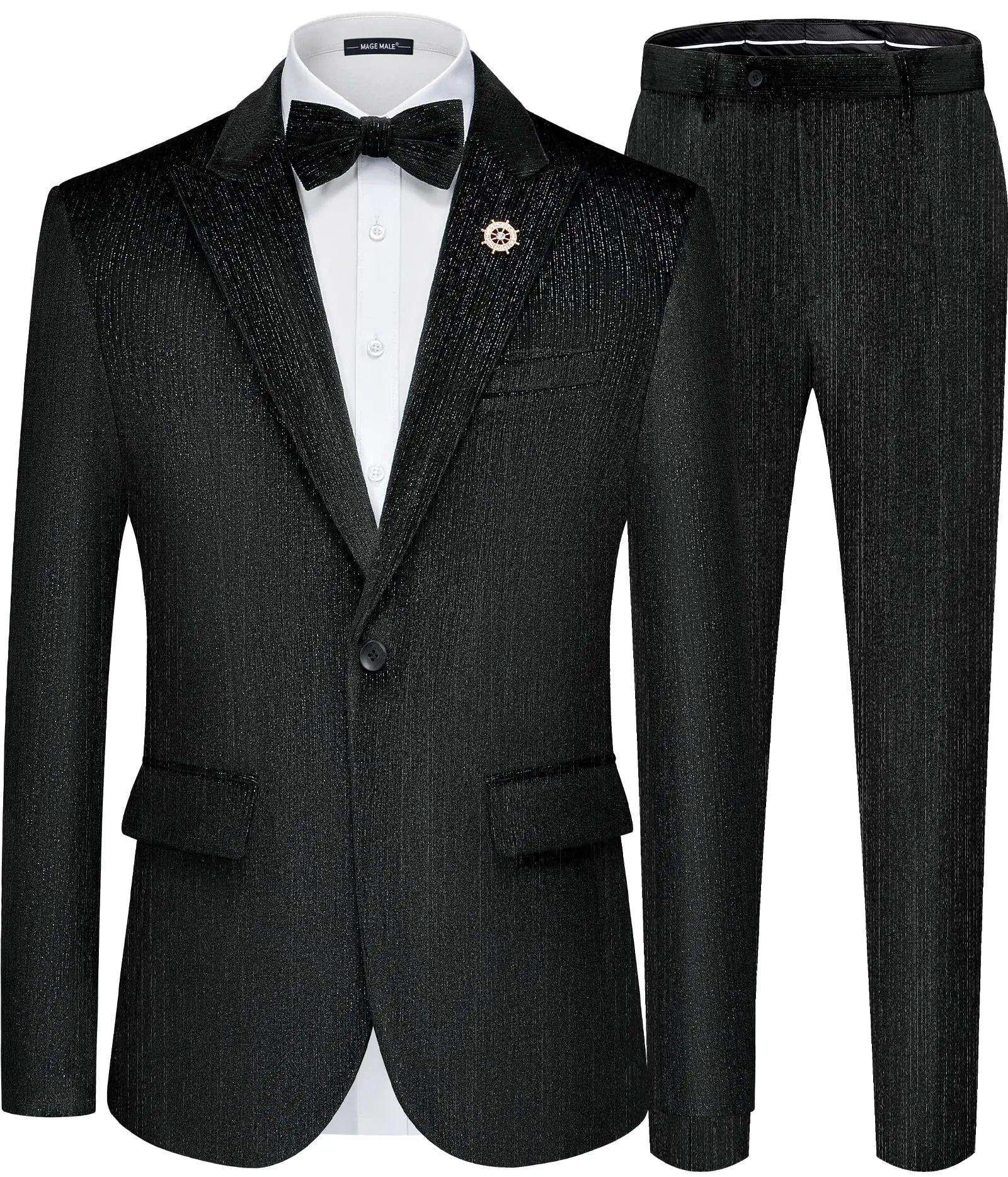 MAGE MALE Mens Suits Velvet Tuxedo Suit Set Slim Fit 2 Piece Luxurious Party Dinner Jacket Pants with Bow Tie Black
