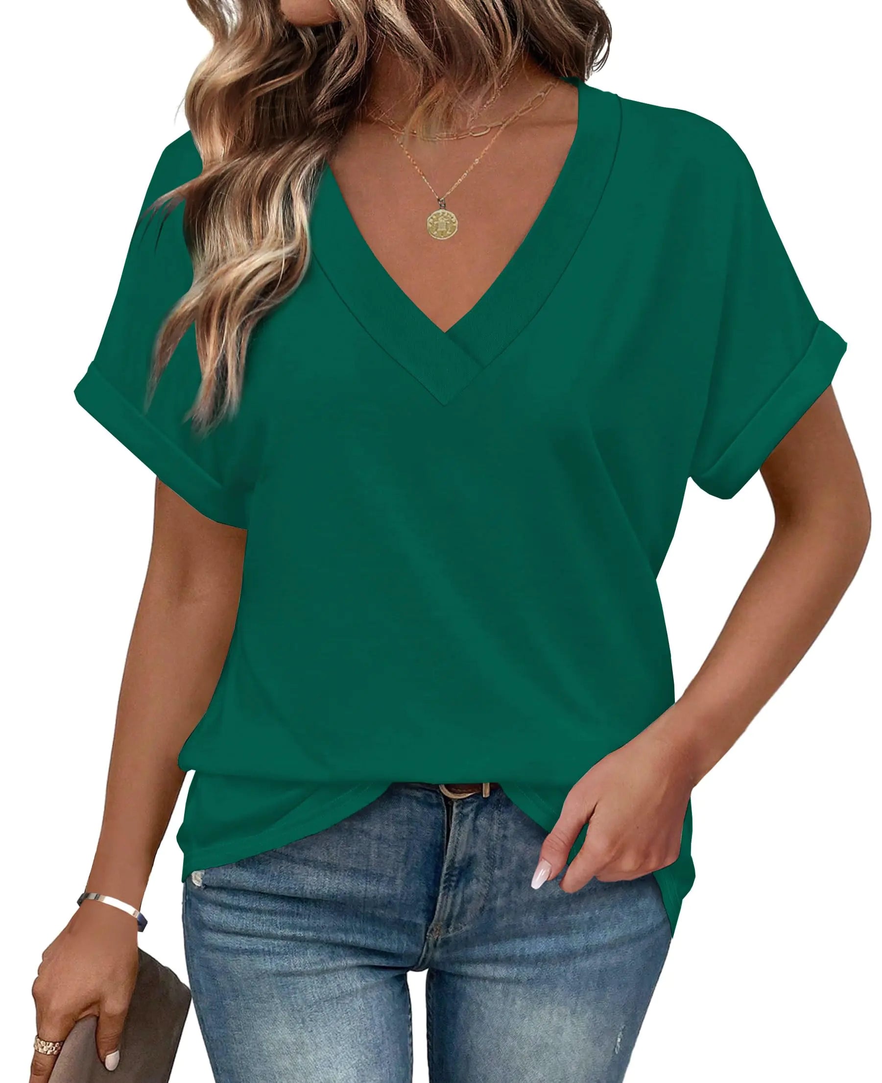 Womens Summer Tops Short Sleeve V Neck Tshirts Business Casual Outfits for Women Green XXL